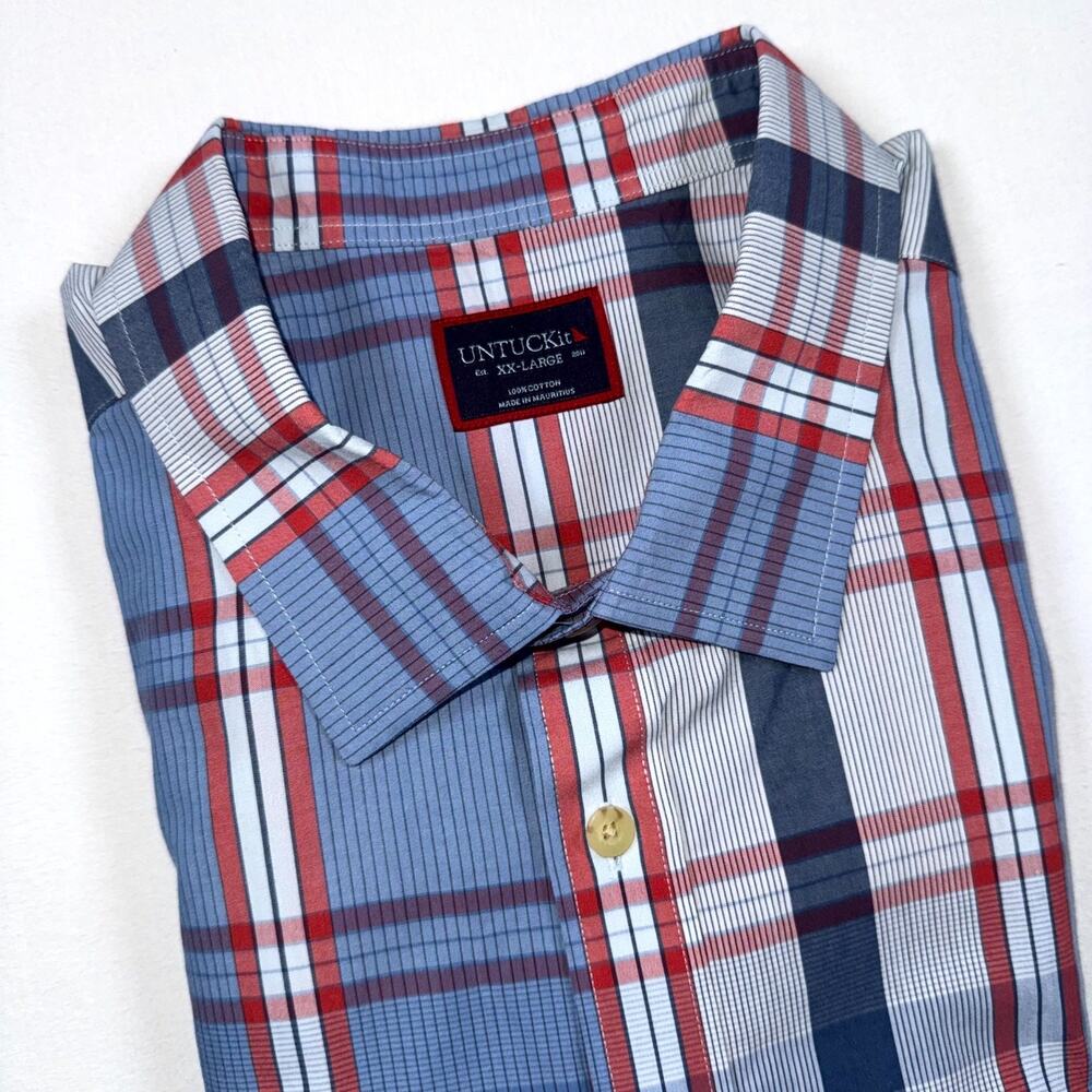 Untuckit Shirt Mens 2XL Blue Red Plaid 100% Cotton Long Sleeve Business Casual